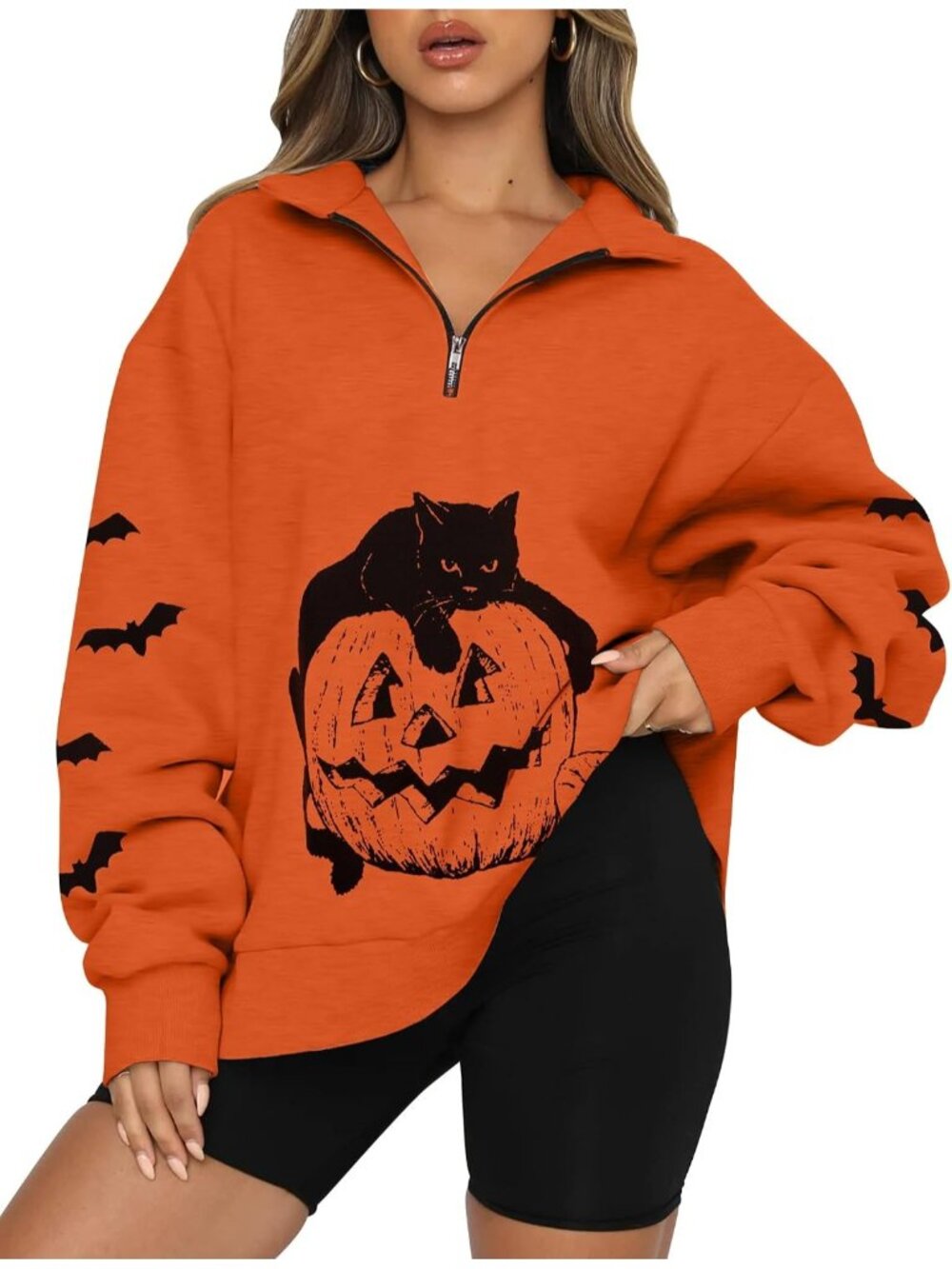 🆕 Women’s Orange Quarter Zip Cat Pumpkin Halloween Pullover Sweatshirt